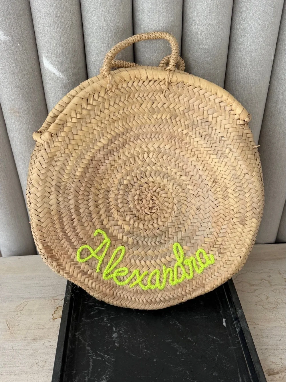 Round Straw Tote with Neon Green Script - Personalized Beach Tote